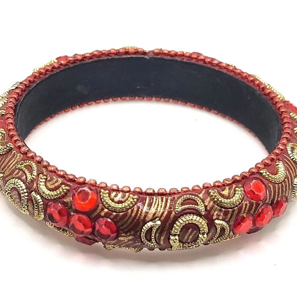 Made in India Chunky Jewelry Red And Gold Jeweled Large Bangle Bracelet 2.6in di